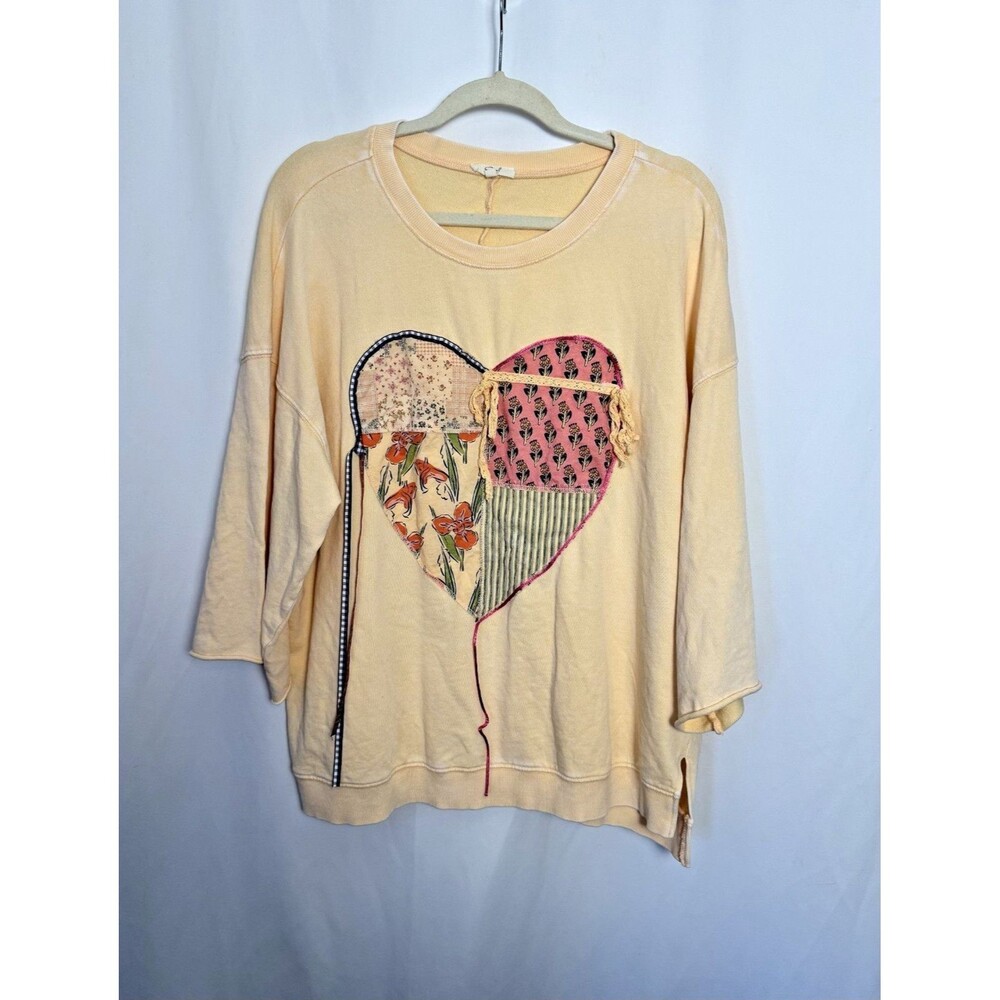 EASEL Size L Oversized Mineral Washed BOHO Heart Patch Top 100% Cotton - PEACH - Picture 2 of 10